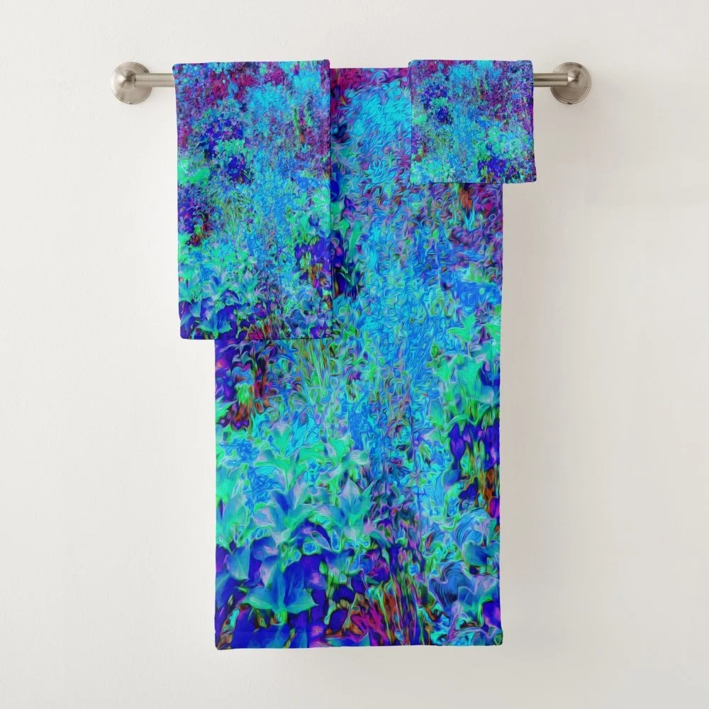 Psychedelic Impressionistic Blue Garden Landscape Bath Towel Set