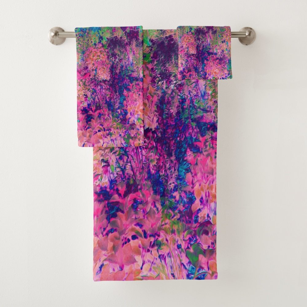 Impressionistic Purple and Hot Pink Landscape Bath Towel Set