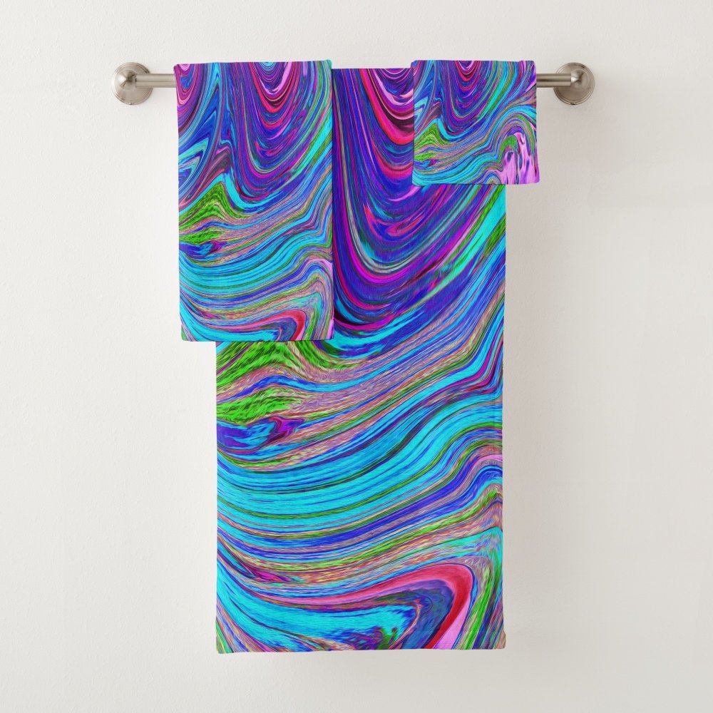 Blue, Pink and Purple Groovy Abstract Retro Art Bath Towel Set
