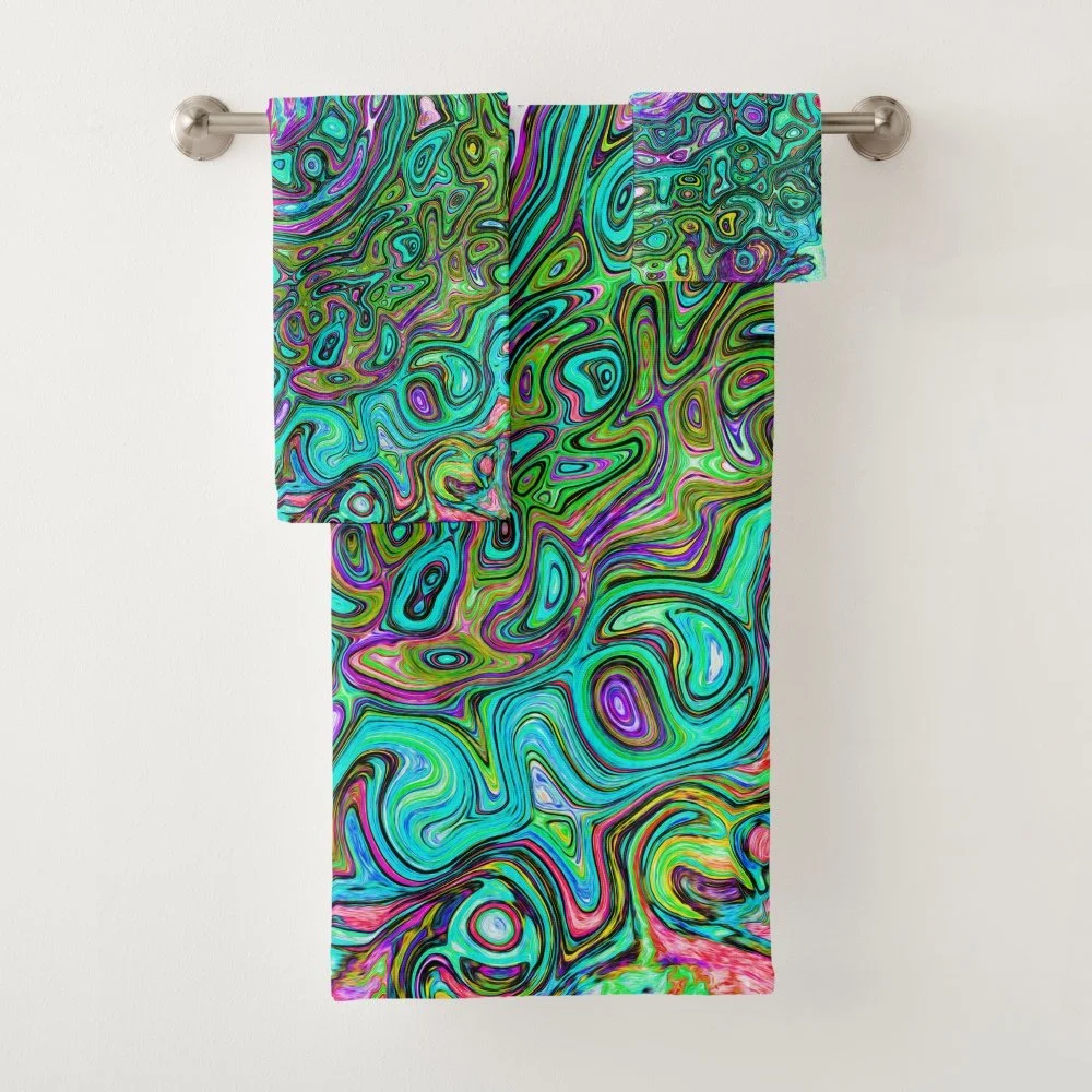 Aquamarine Groovy Abstract Retro Liquid Swirl Bath Towel Set