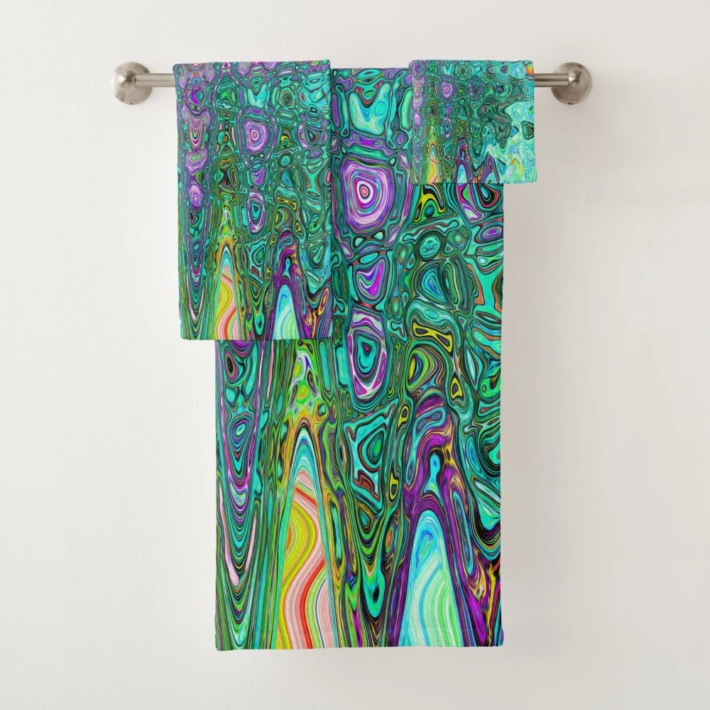 Aquamarine Groovy Abstract Retro Atomic Waves Bath Towel Set
