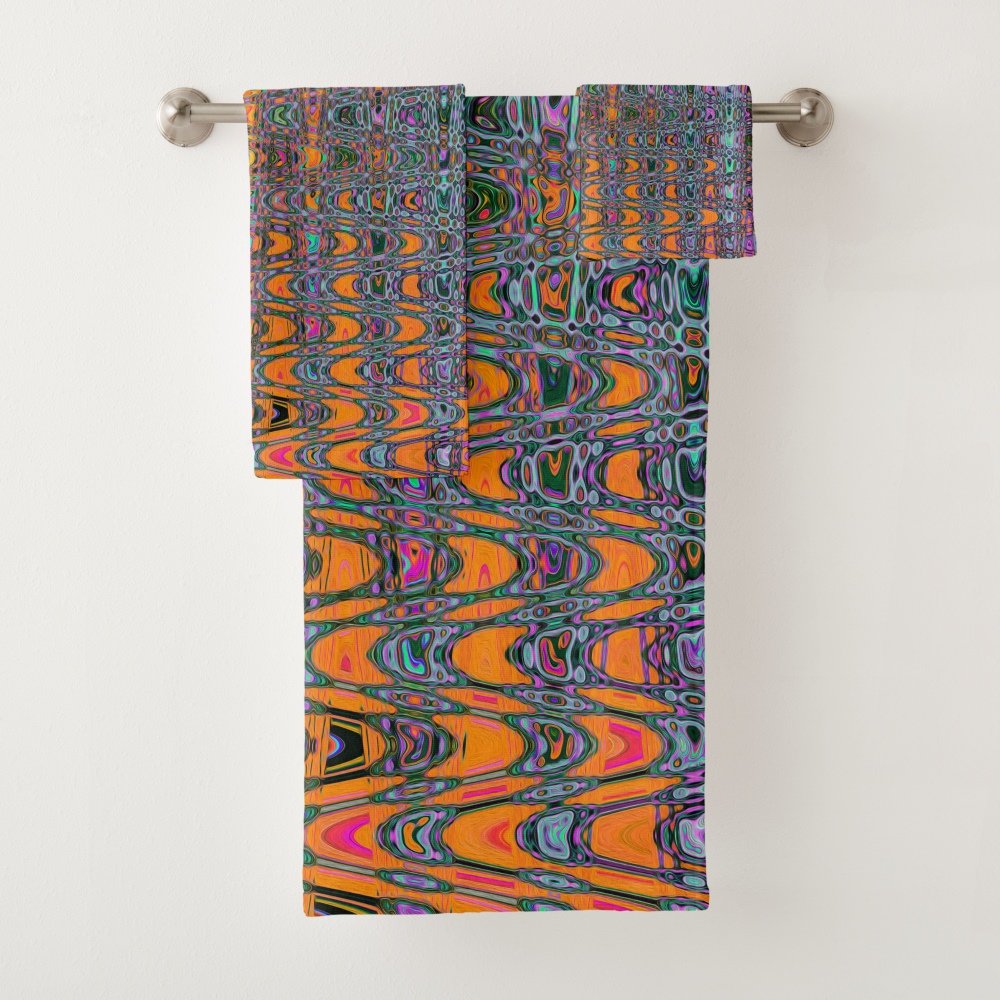 Abstract Orange and Aqua Retro Boomerang Waves Bath Towel Set