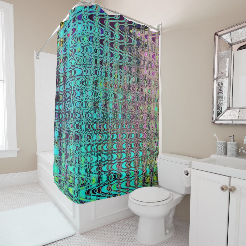 Abstract Kaleidoscopic Aqua Retro Boomerang Waves Shower Curtain