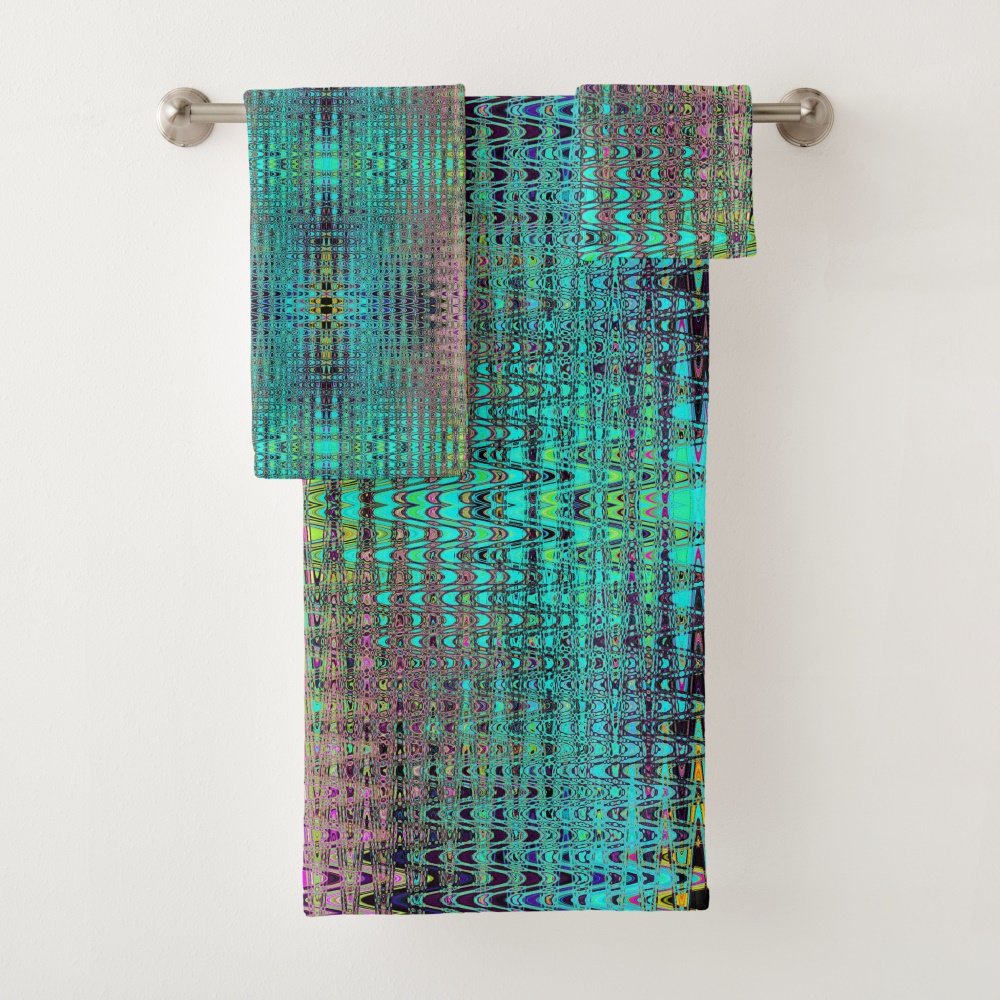 Abstract Kaleidoscopic Aqua Retro Boomerang Waves Bath Towel Set