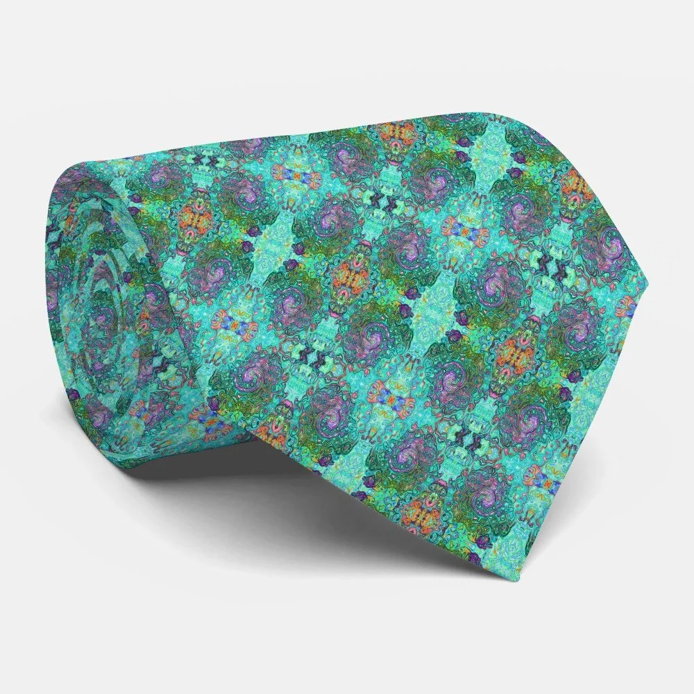 Aquamarine Groovy Abstract Retro Liquid Swirl Neck Tie