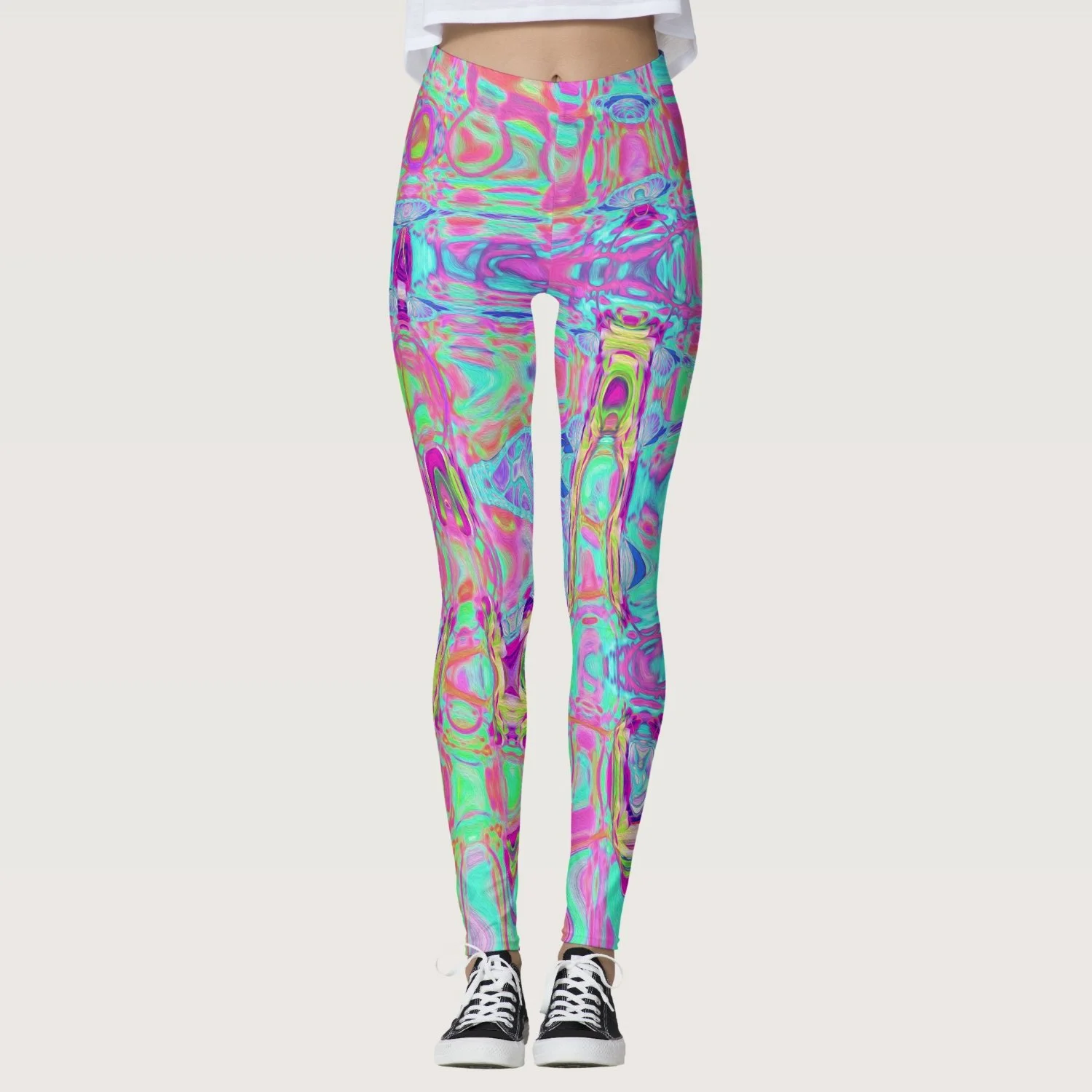 Cosmic Abstract Aqua and Hot Pink Retro Ripples Leggings