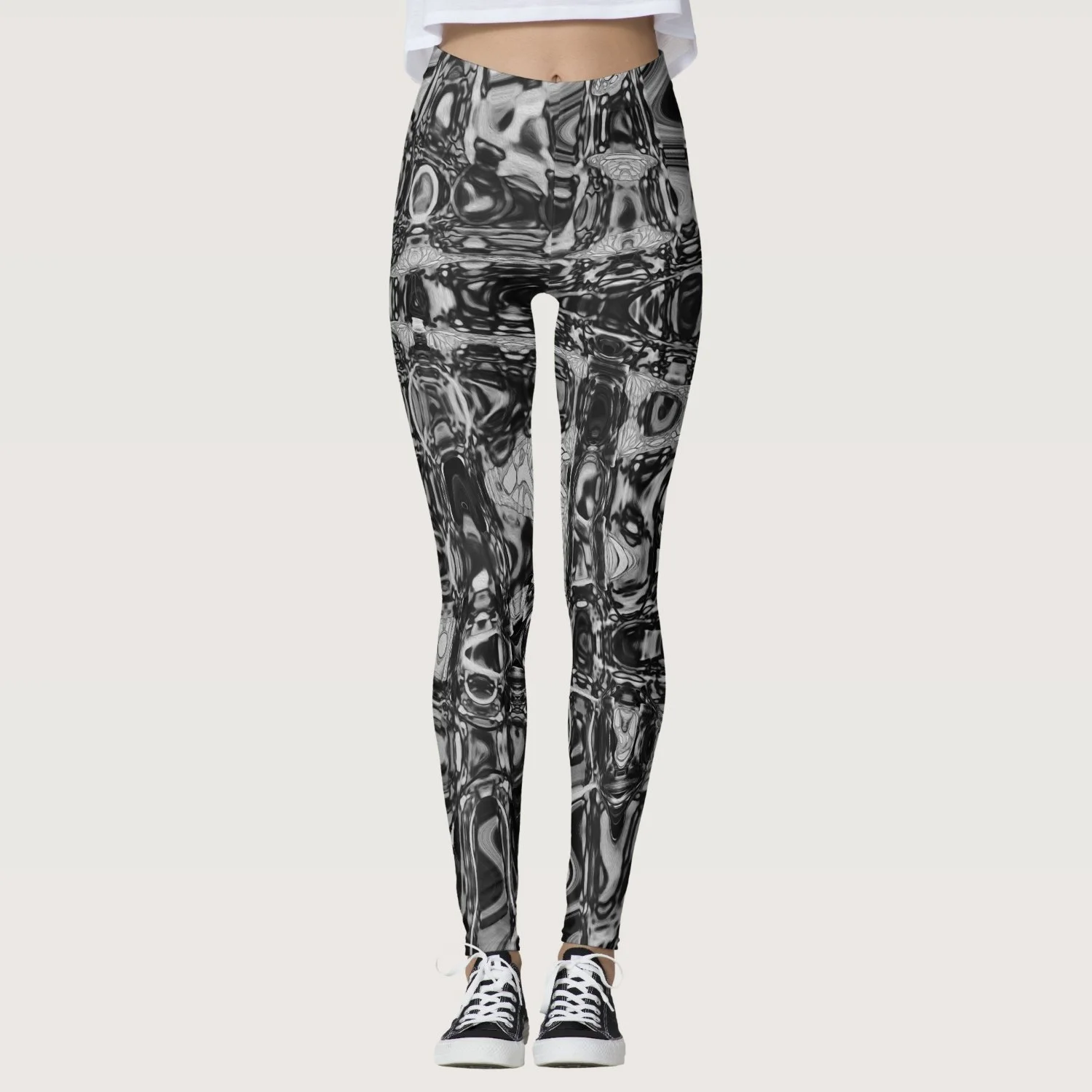 Cosmic Abstract Black and White Retro Ripples Leggings