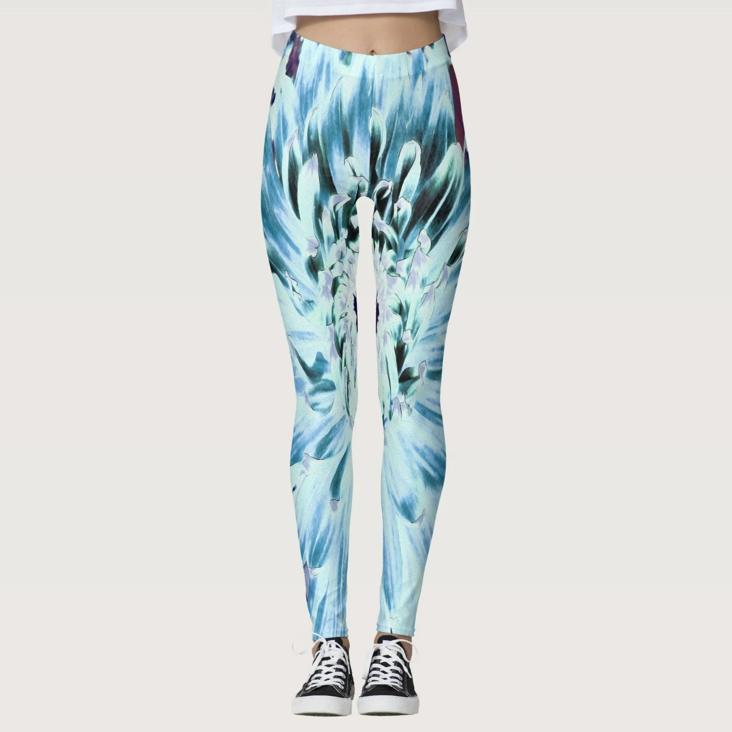 Mint Green and Teal Dahlia Flower Leggings