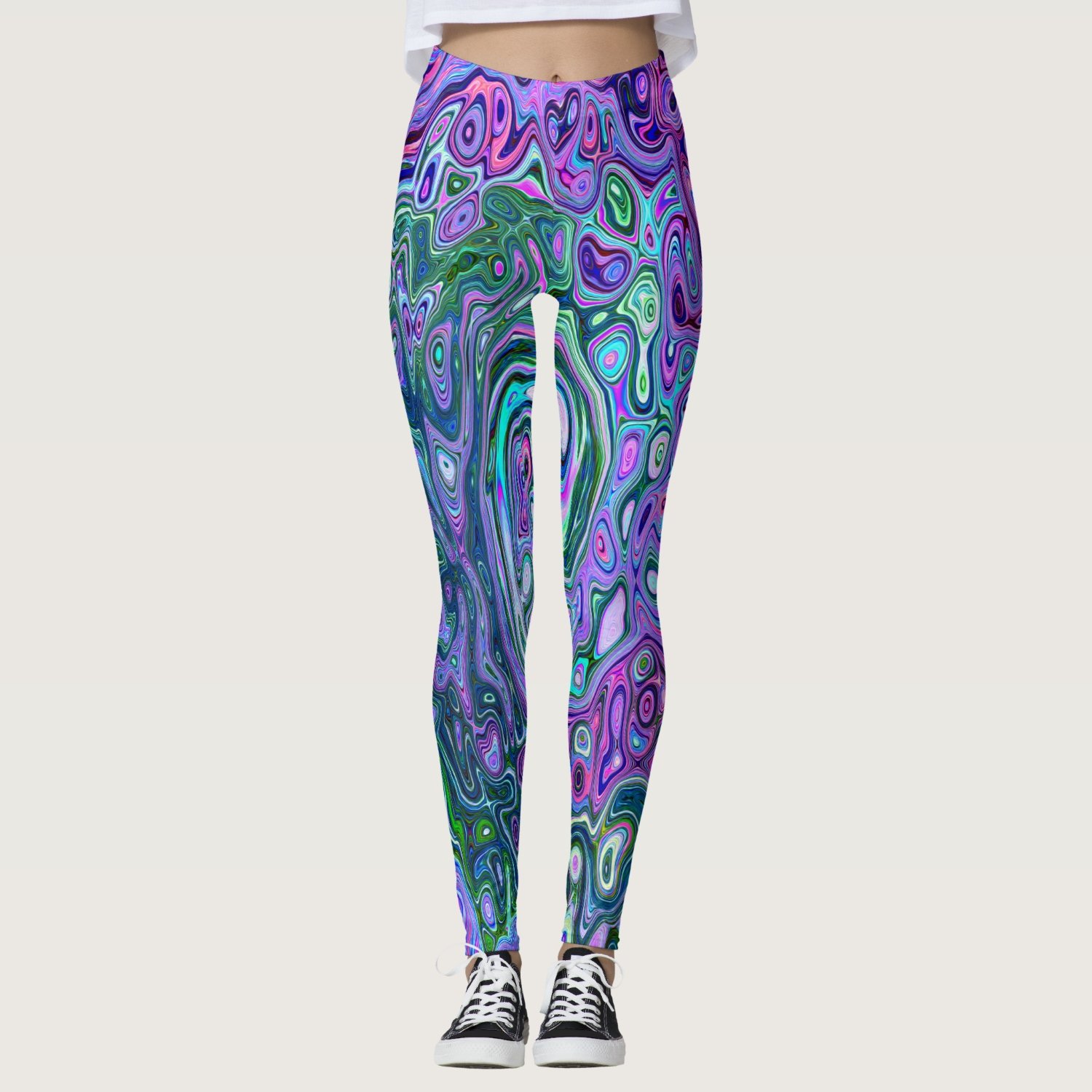 Groovy Abstract Retro Green and Purple Swirl Leggings