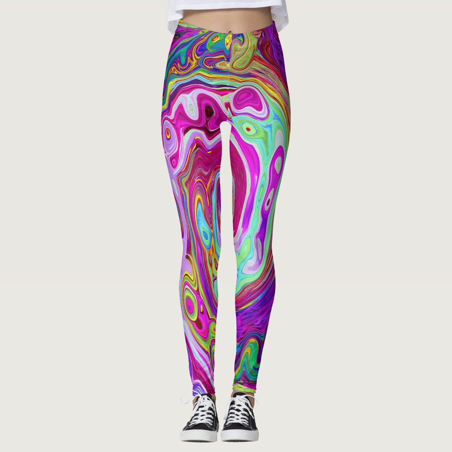 Groovy Abstract Retro Magenta Rainbow Swirl Leggings