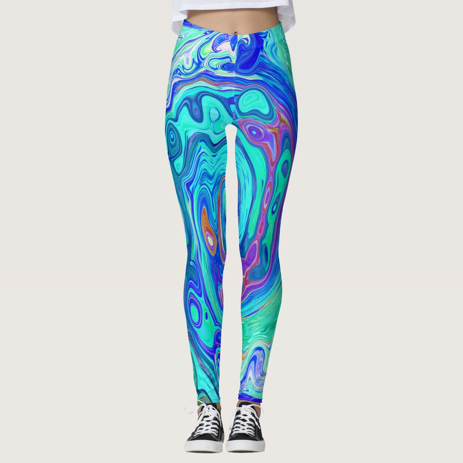 Groovy Abstract Ocean Blue and Green Liquid Swirl Leggings