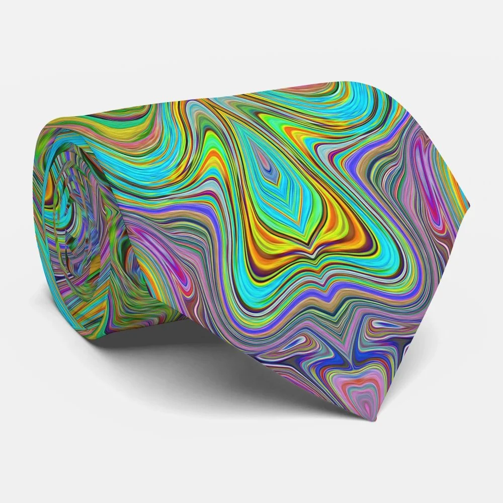 Wavy Aqua Blue and Orange Trippy Pattern Neck Tie