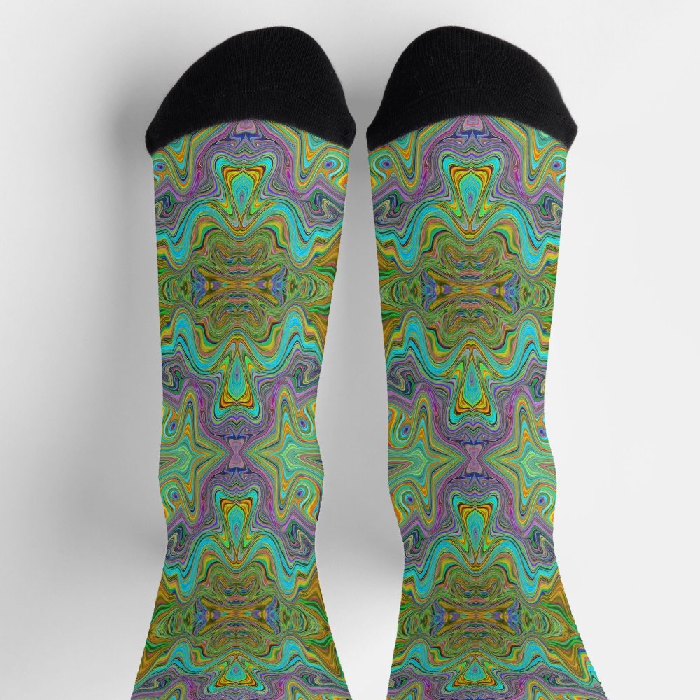 Wavy Aqua Blue and Orange Trippy Pattern Socks