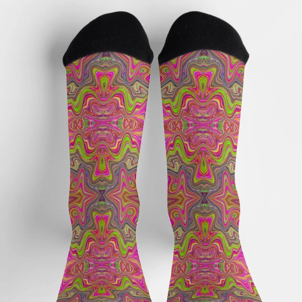 Wavy Lime Green and Hot Pink Trippy Pattern Socks