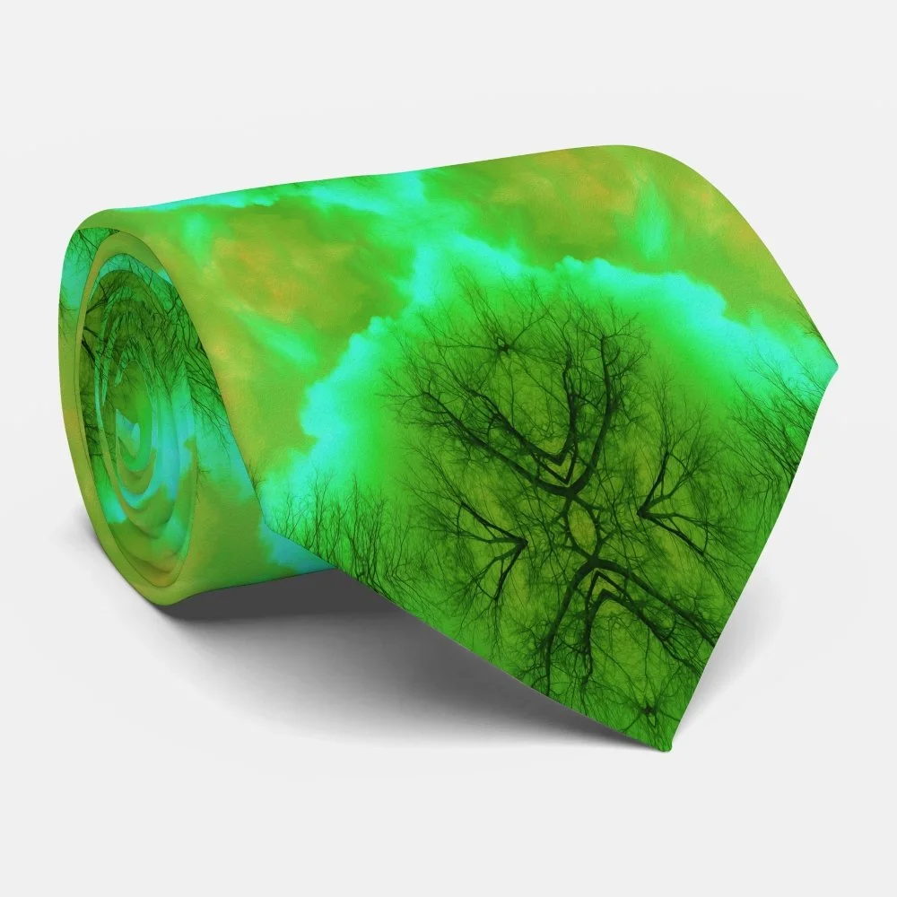 Cool Green and Gold Abstract Cloud Mandala Neck Tie