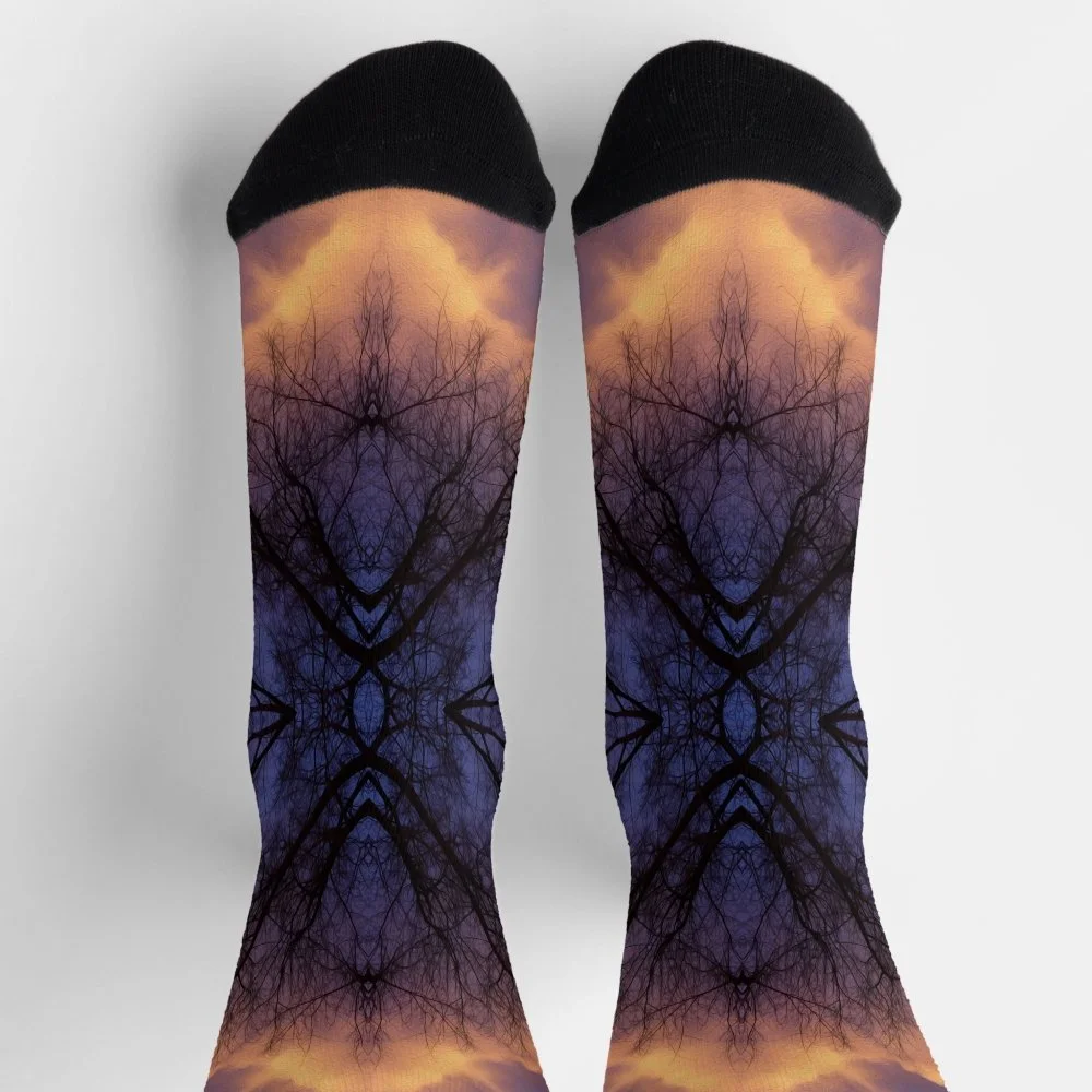 Serene Nature Tree Branches and Clouds Mandala Socks