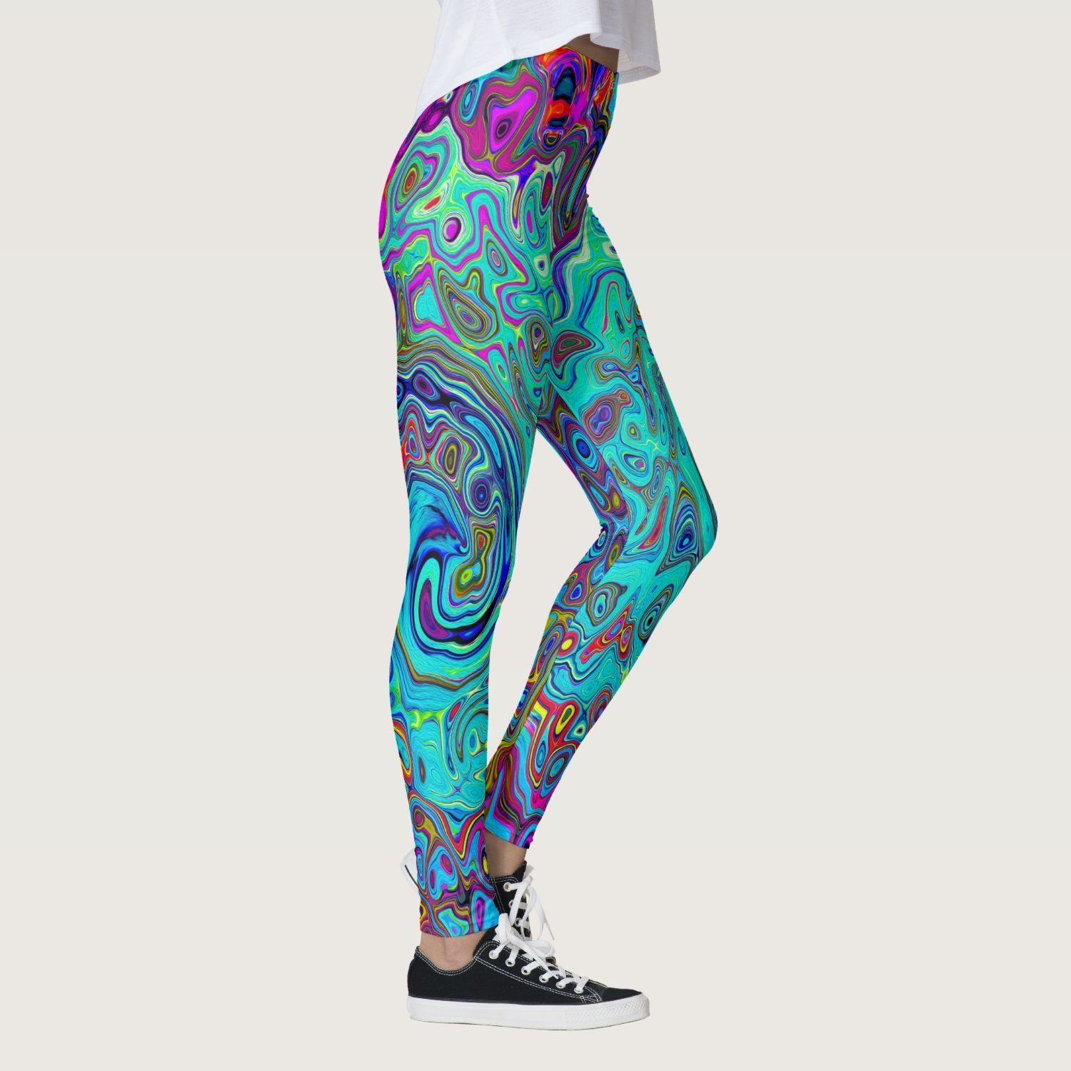 Trippy Sky Blue Abstract Retro Liquid Swirl Leggings