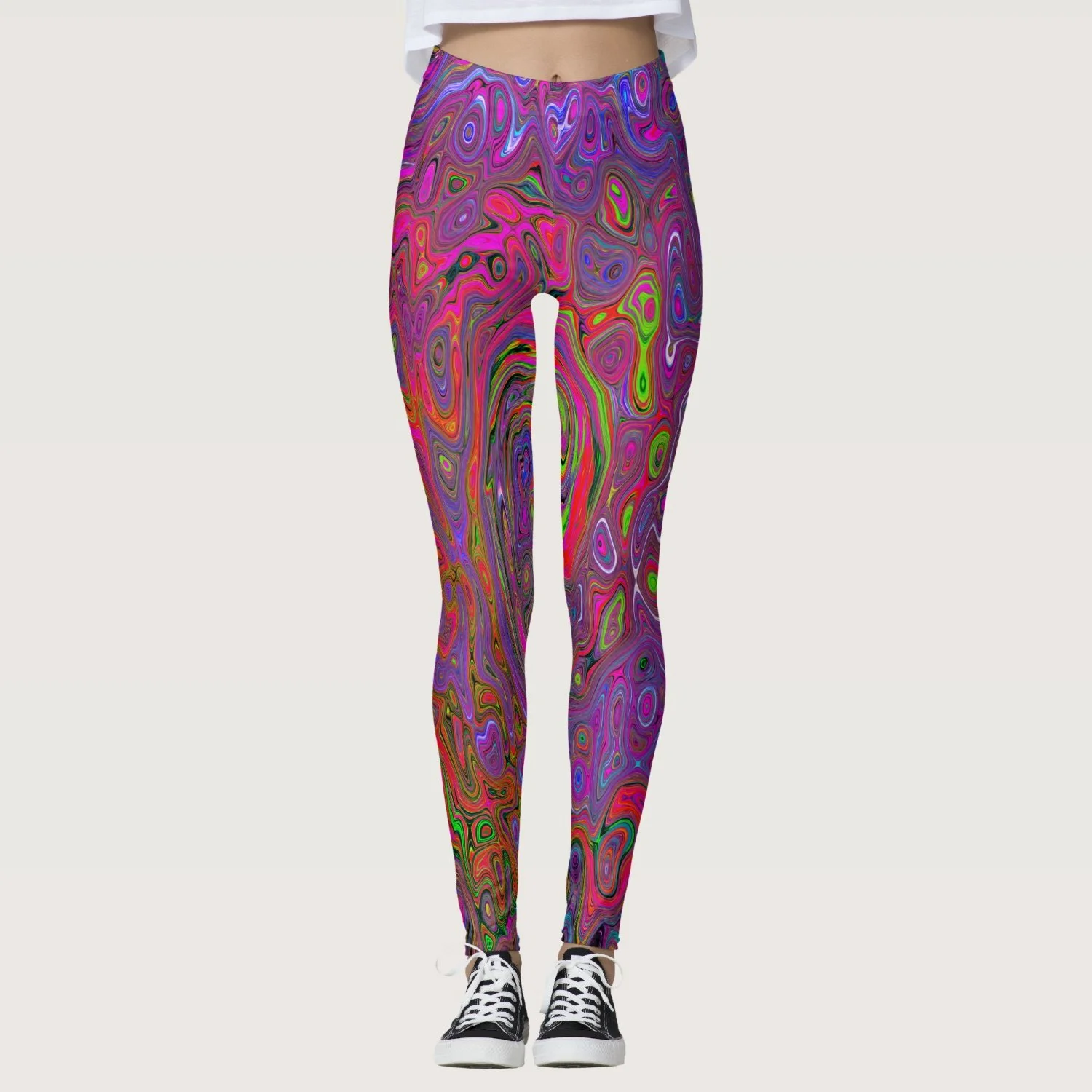 Psychedelic Groovy Magenta Retro Liquid Swirl Leggings