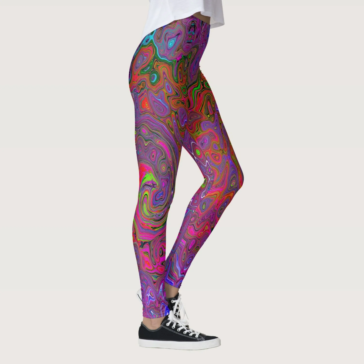 Psychedelic Groovy Magenta Retro Liquid Swirl Leggings