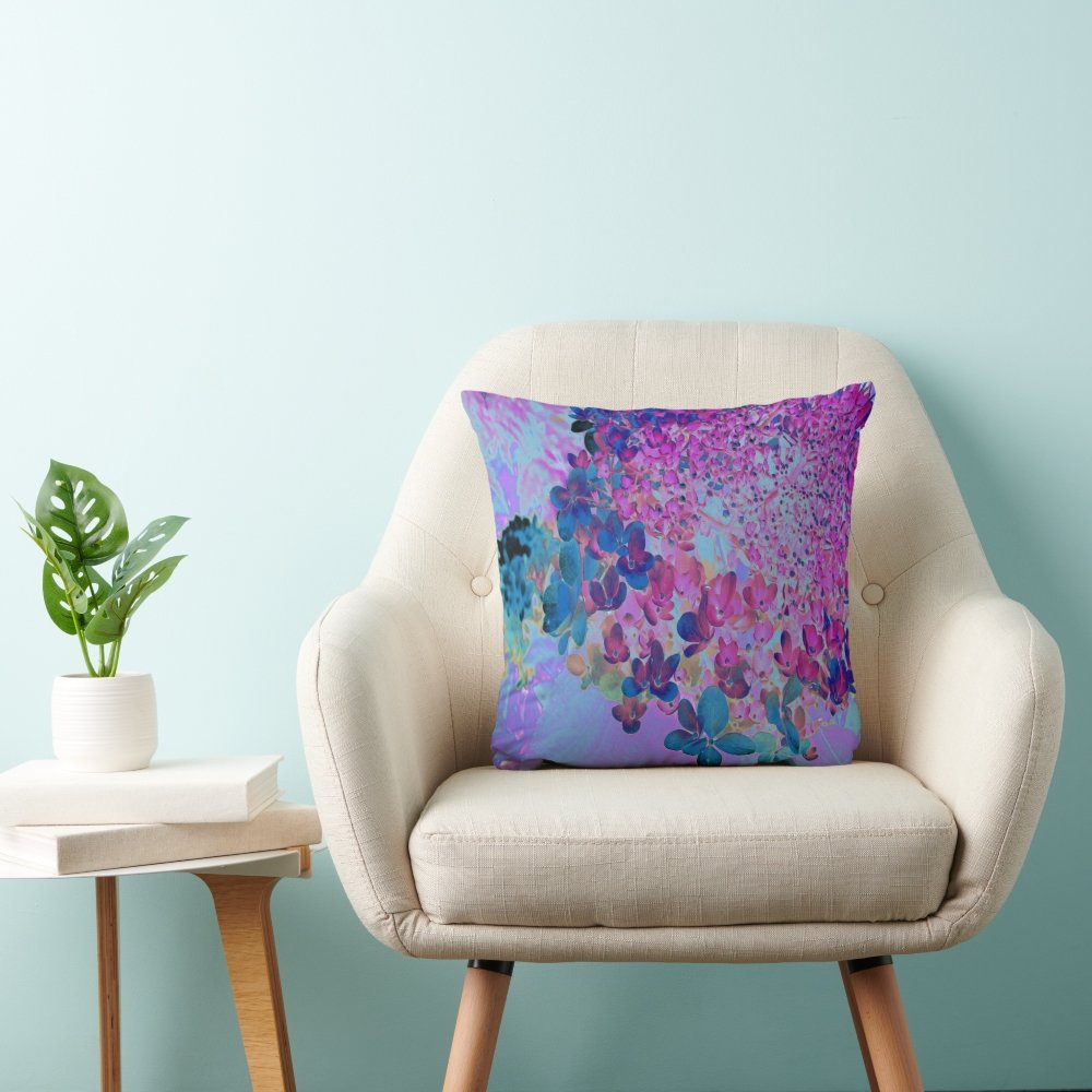 Elegant Dark Blue and Magenta Limelight Hydrangea Throw Pillow