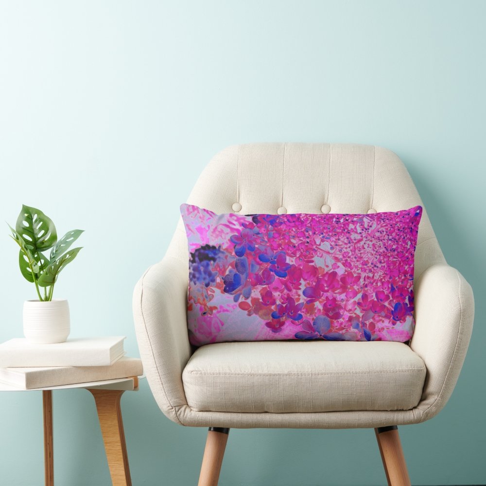 Elegant Fuchsia and Dark Blue Limelight Hydrangea Lumbar Pillow