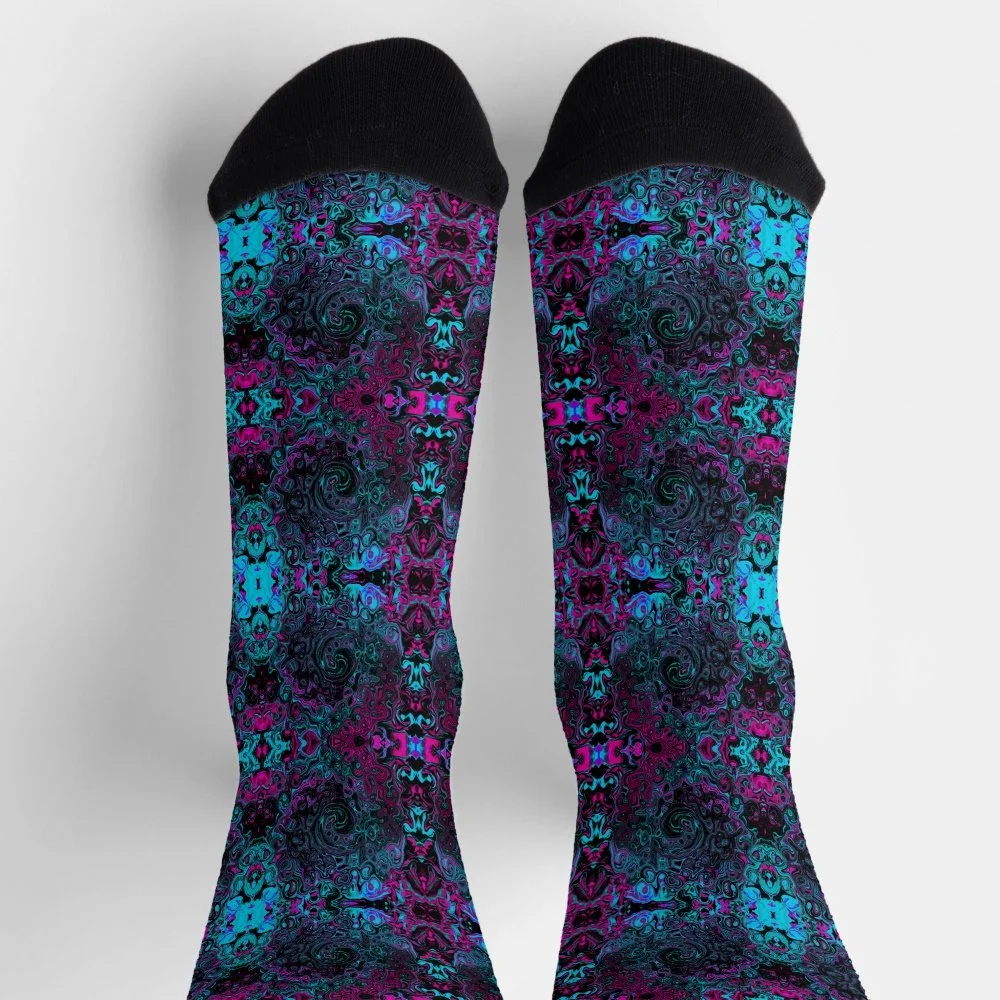 Retro Aqua Magenta and Black Abstract Swirl Socks
