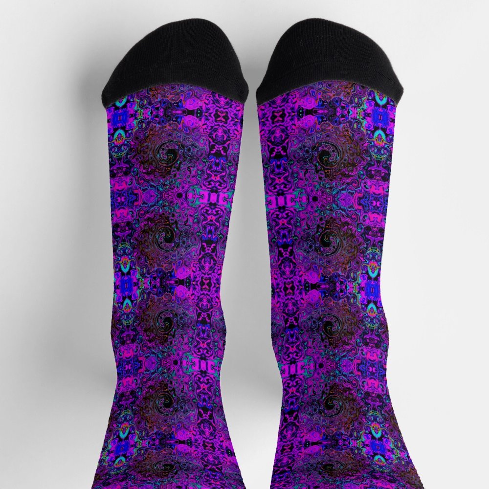 Trippy Black and Magenta Retro Liquid Swirl Socks