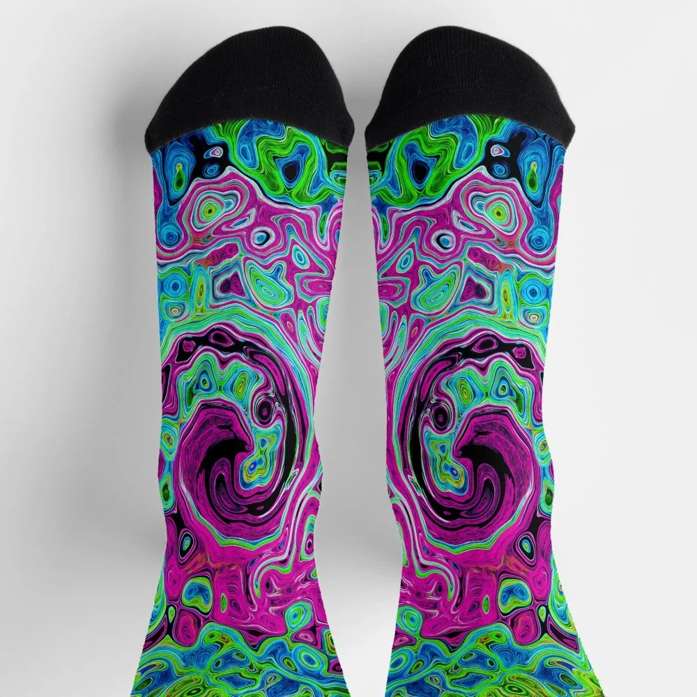 Hot Pink and Blue Groovy Abstract Retro Swirl Socks