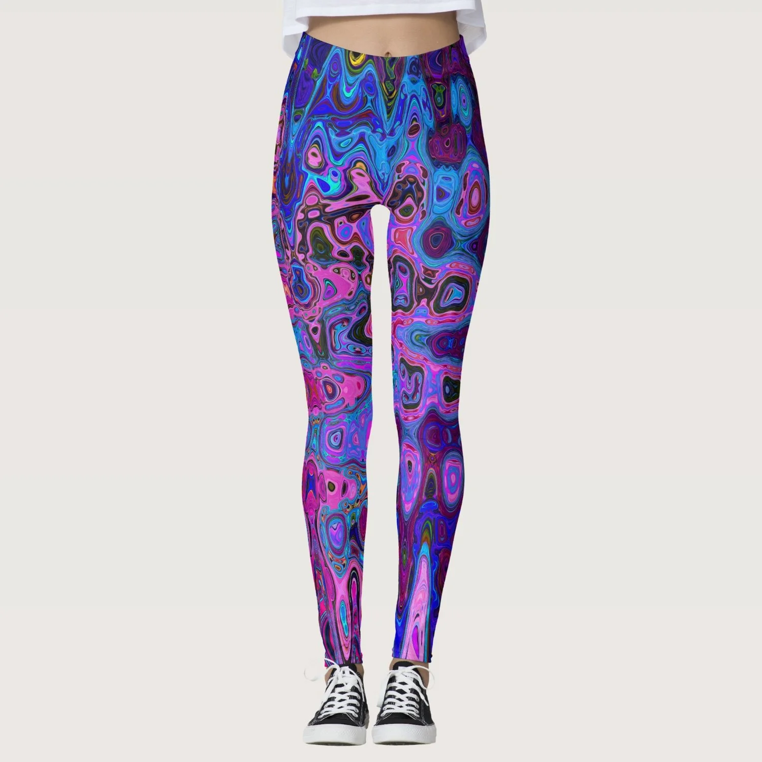 Abstract Mosaic Pink and Blue Wavy Retro Leggings