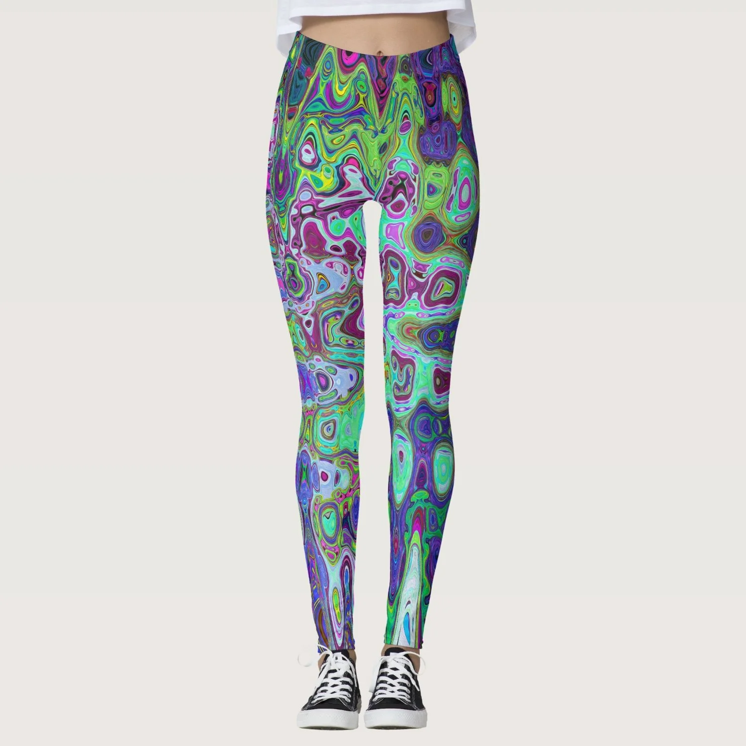 Abstract Green and Purple Wavy Mosaic Retro Leggings