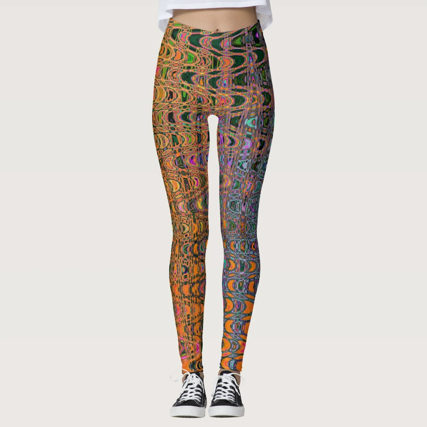 Abstract Orange and Aqua Retro Boomerang Waves Leggings