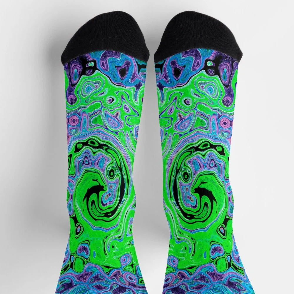 Lime Green Groovy Abstract Retro Liquid Swirl Socks