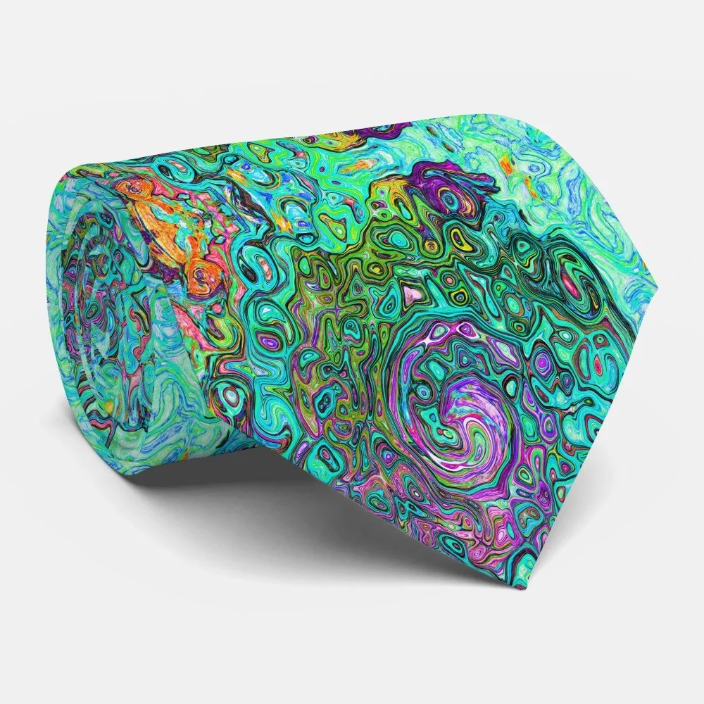 Aquamarine Groovy Abstract Retro Liquid Swirl Neck Tie