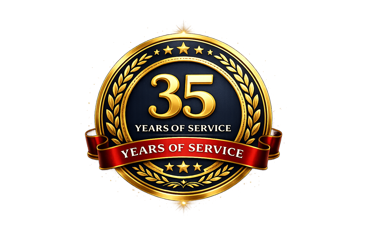 35 Years of Service gold seal with a black background and gold lettering