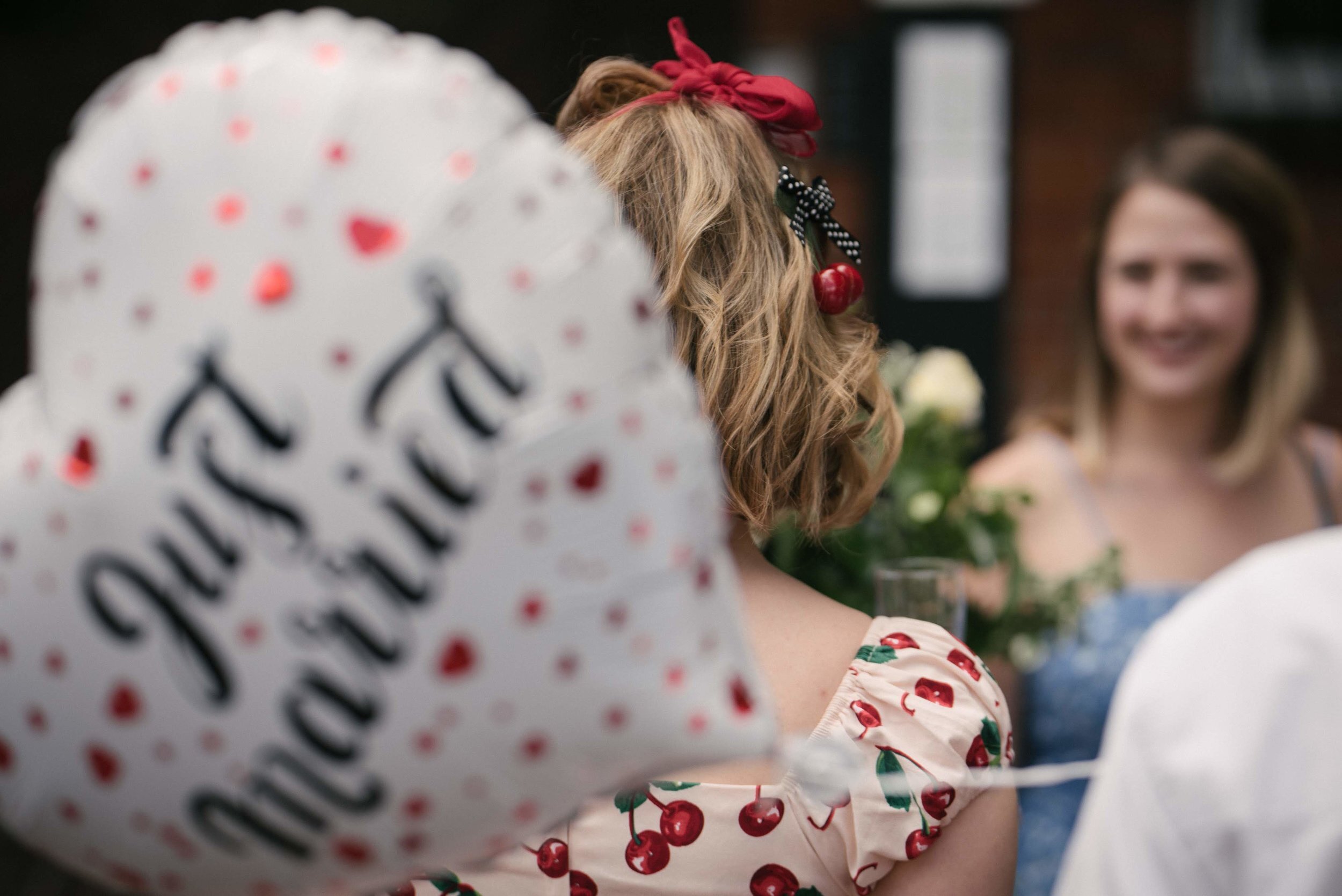 just married balloon and cherry summer dress