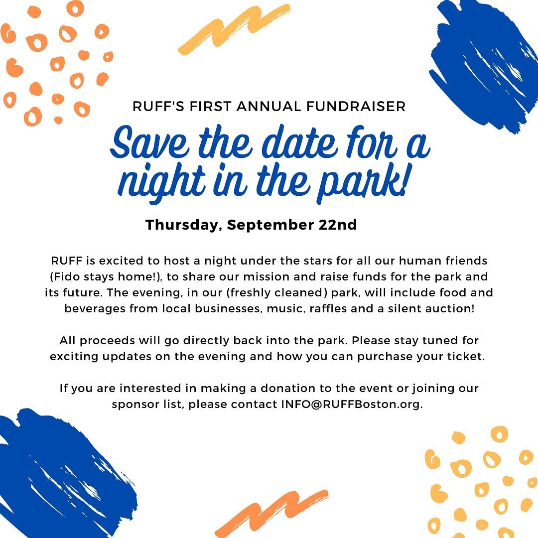 Excited to share - save the date!! RUFF will be hosting our first annual fall fundraiser! September 22, 2022, IN the dog park! This human only event will have food and drinks from local establishments, music, silent auction, raffle and LOTS of fun! W