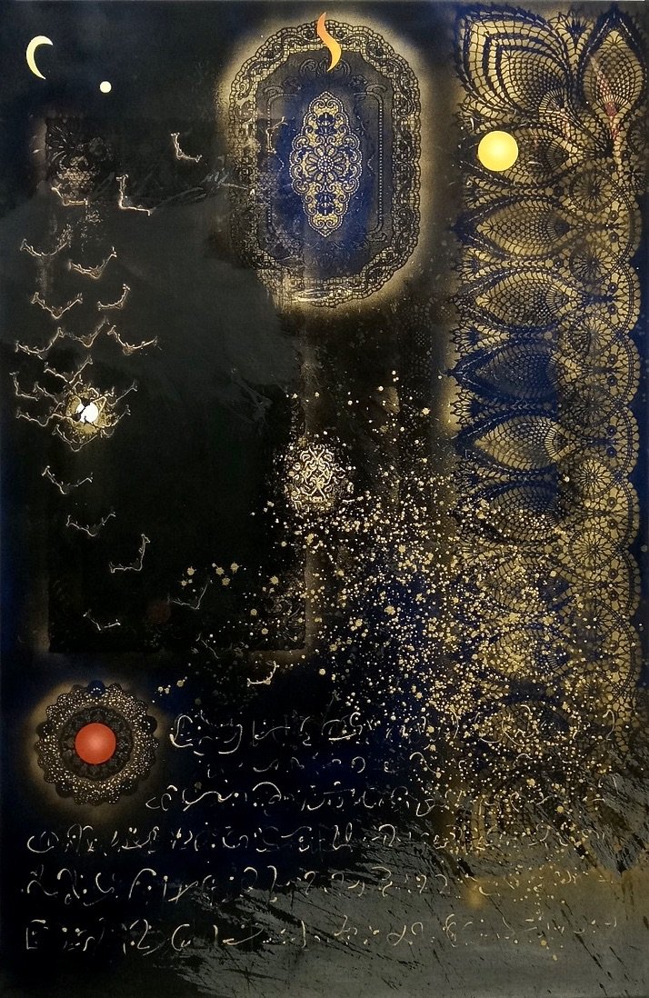 2023 Acrylic, oil, household paint, spray paint, liquid leaf and pen on canvas