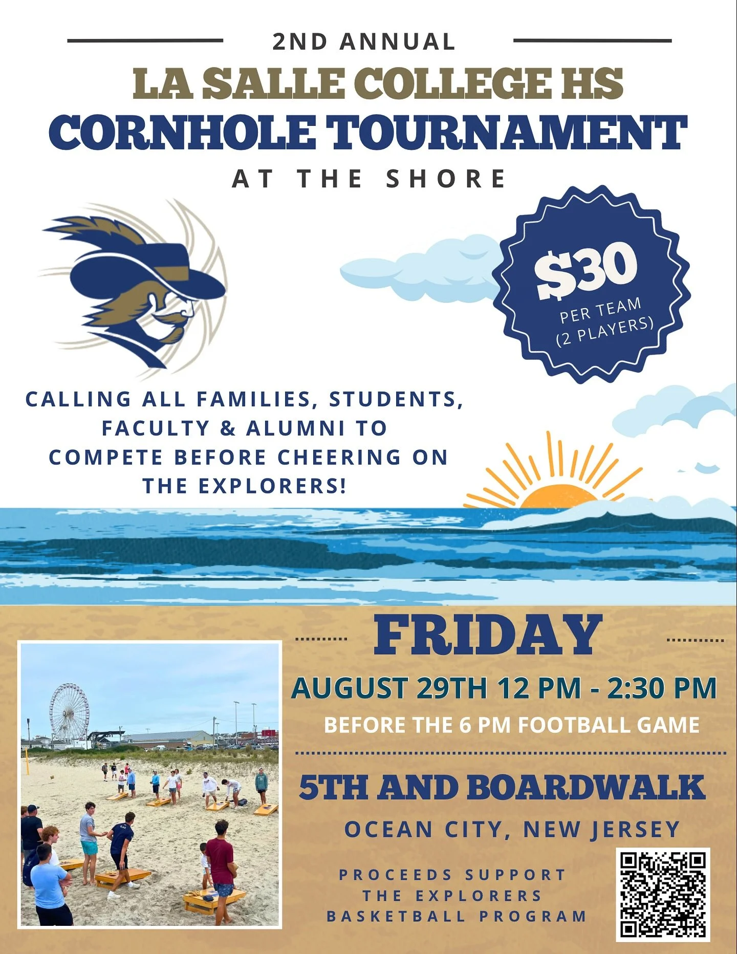 Join our 2nd Annual Cornhole Tournament‼️

Great chance to compete before cheering on La Salle Football!

Our goal is a full 64 team bracket, and if we get that, there will be $100 💵 for the winning team!

#haillasalle #goexplorers