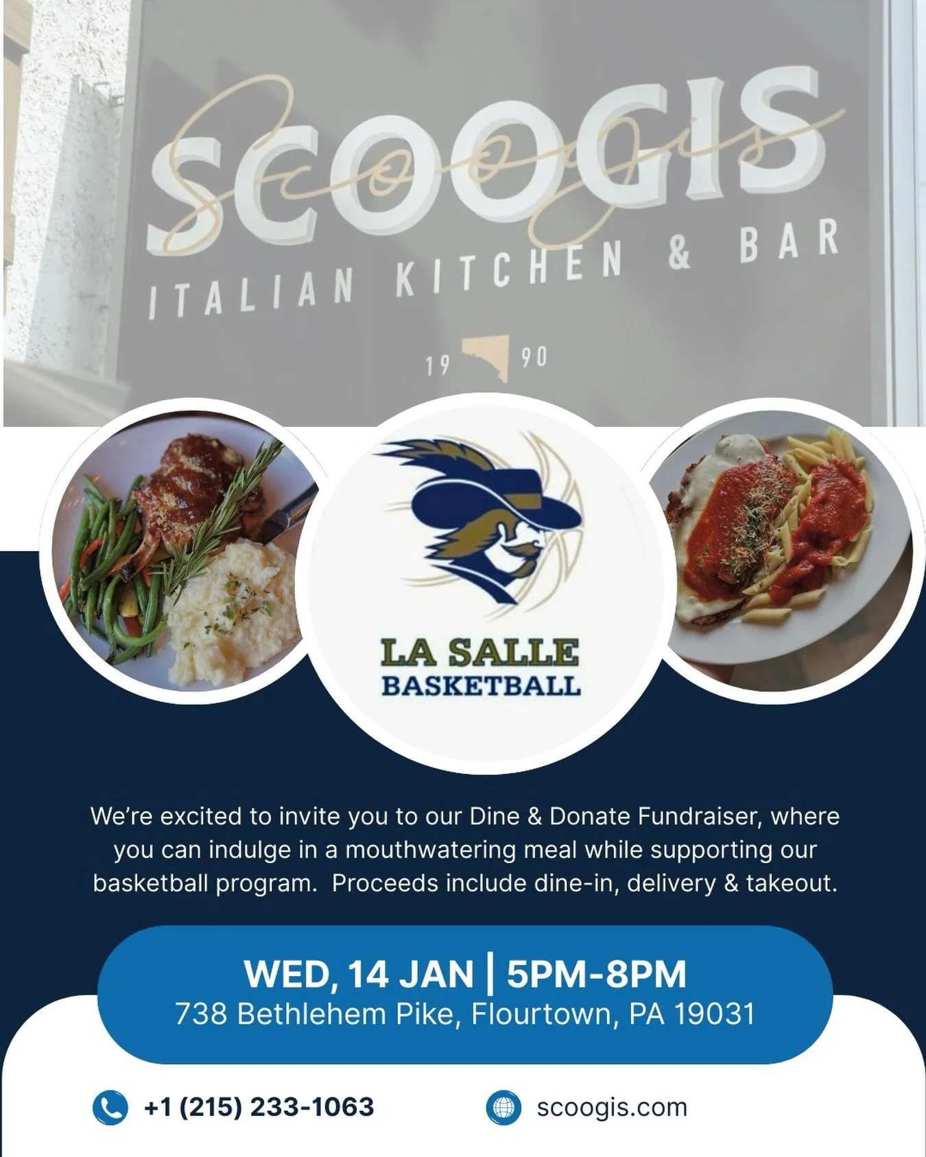 Enjoy dinner at Scoogi&rsquo;s or order takeout. Let them know you are supporting La Salle Basketball and they will donate to the program.

Share with family and friends, as supporting this local business helps support our program!