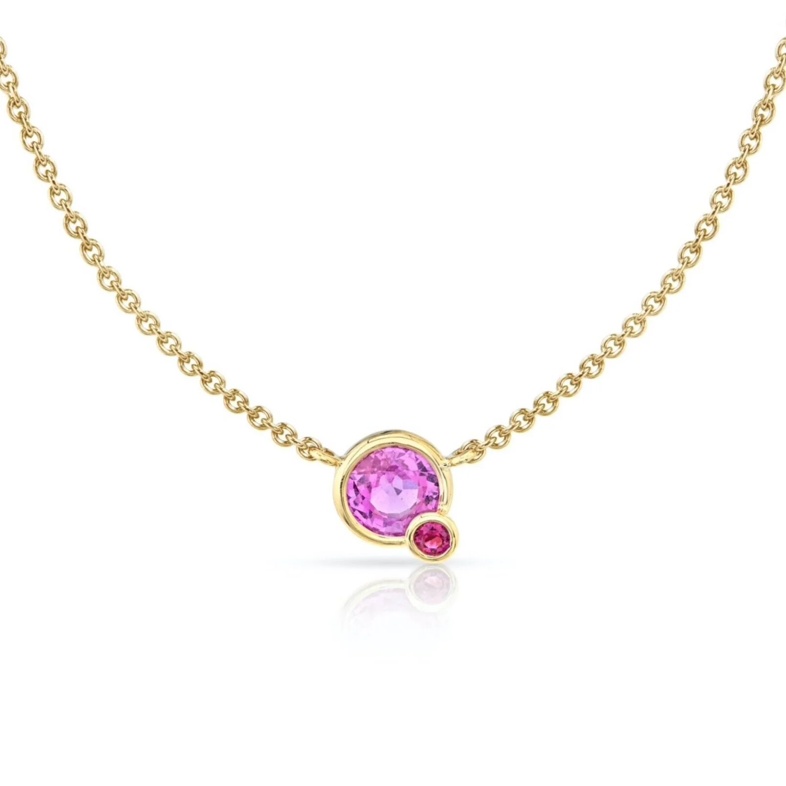 Pink Sapphire and Ruby set in 18k yellow gold. Handmade in Los Angeles. $3,000