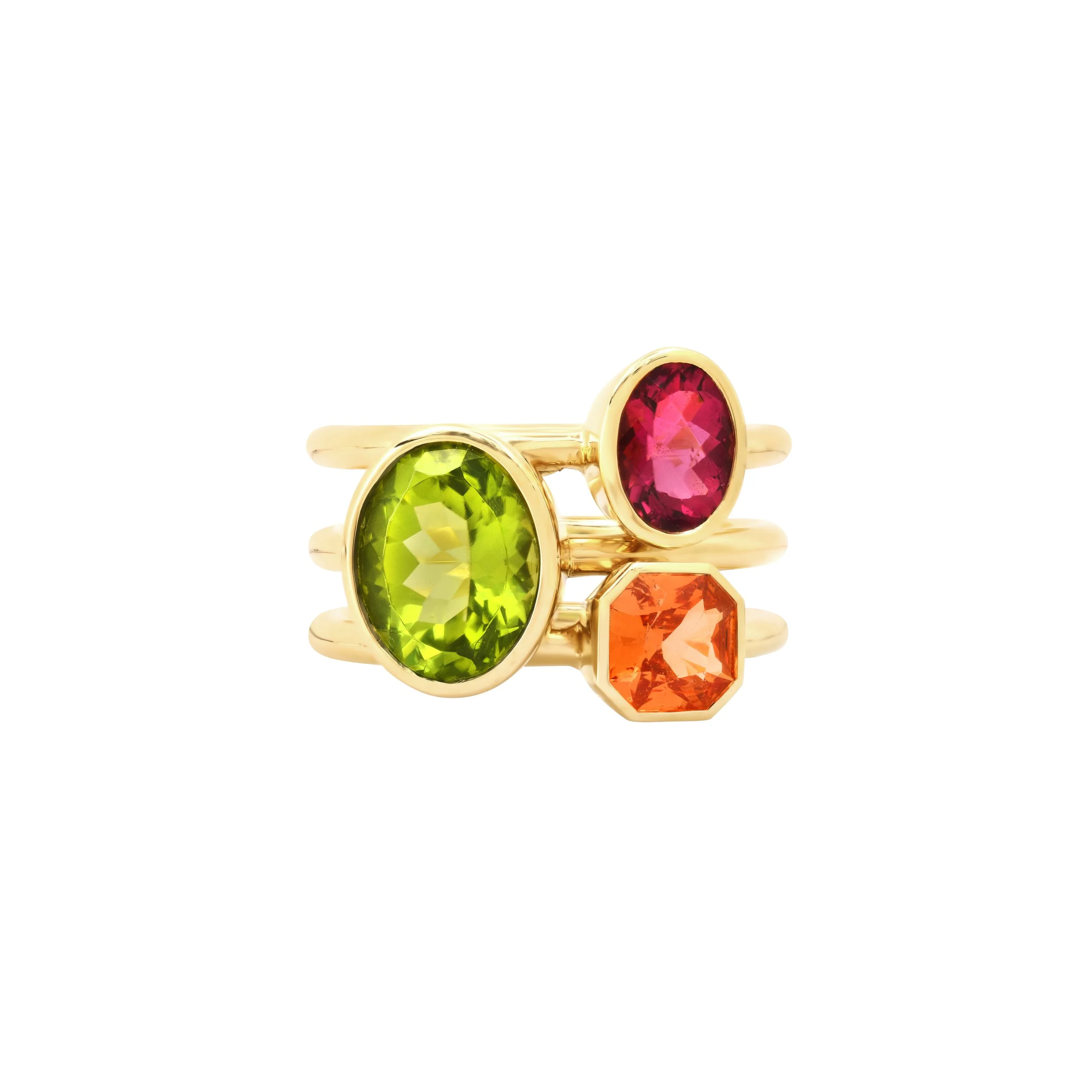  Peridot, Rubellite and Orange Sapphire set in 18k yellow gold. Handmade in Los Angeles. $11,600 