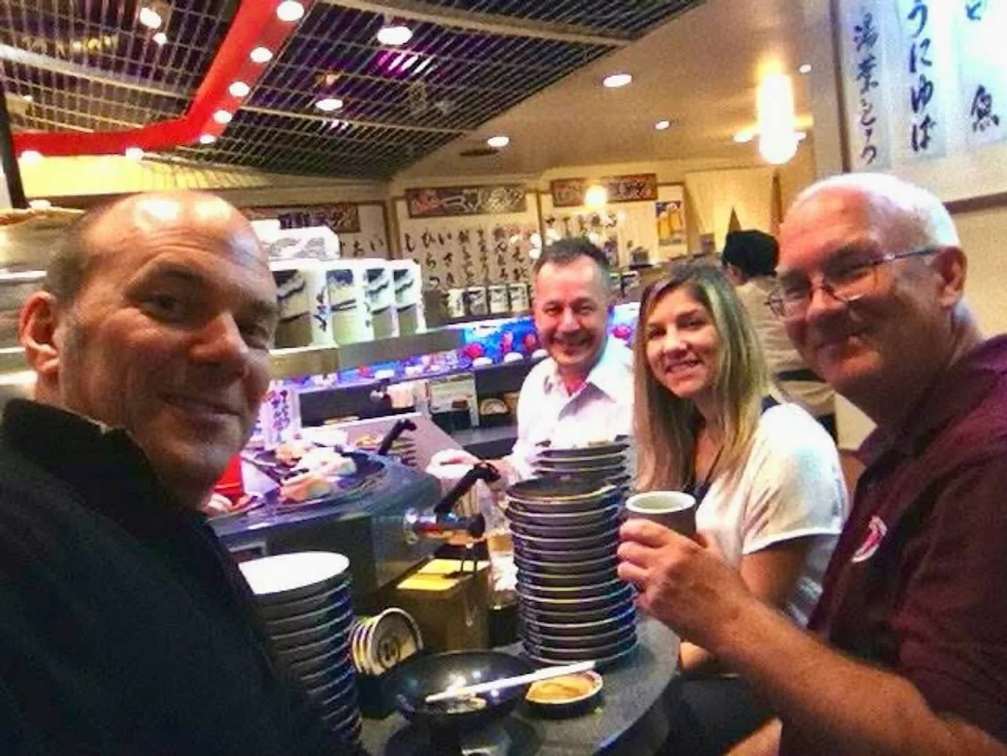 12 years ago today - Tokyo trombone section sushi hang! The bar never knew what him &lsquo;em!! 🍣 
&bull;
&bull;
@andreaneumanntrb #tromboneplayers #tokyotour #bigbandjazz #kaitenzushi #conveyorbeltsushi #somethingsfishyhere #jeffnelsontrb