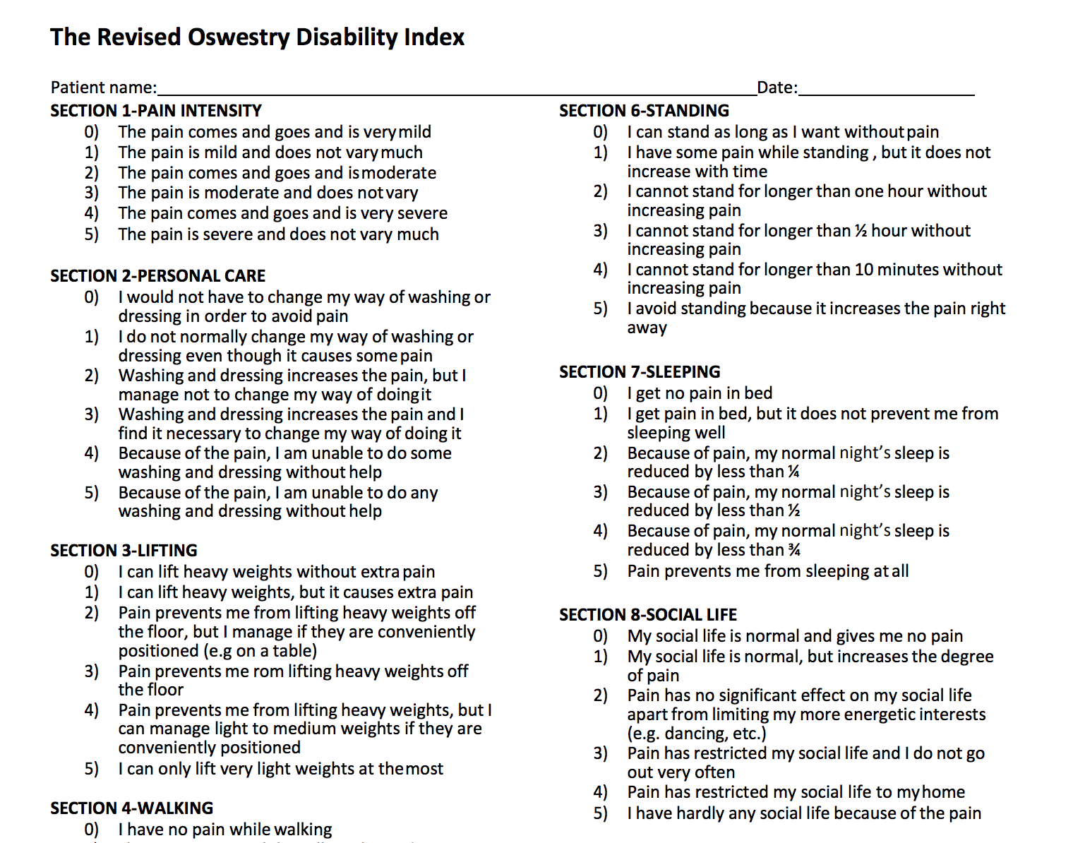 The Oswestry Pain Questionnaire — Advanced Pain Management