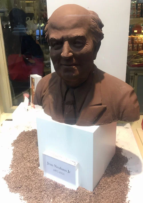 Sculpture of the creator of delicious Belgian praline, made out of what else but praline!