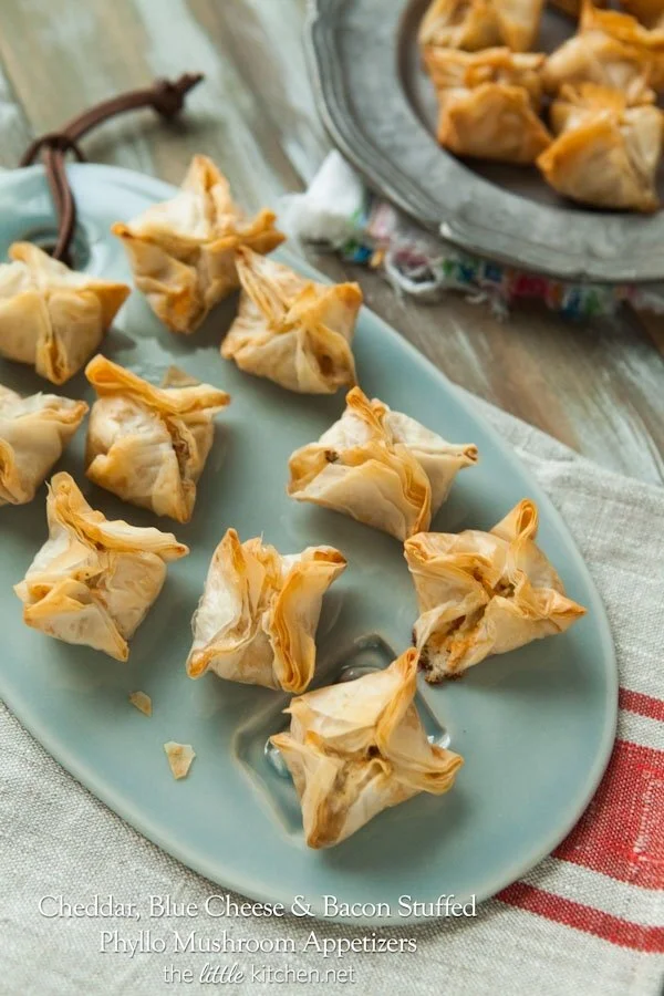 Cheddar, Blue Cheese, and Bacon Stuffed Phyllo Mushroom Appetizers