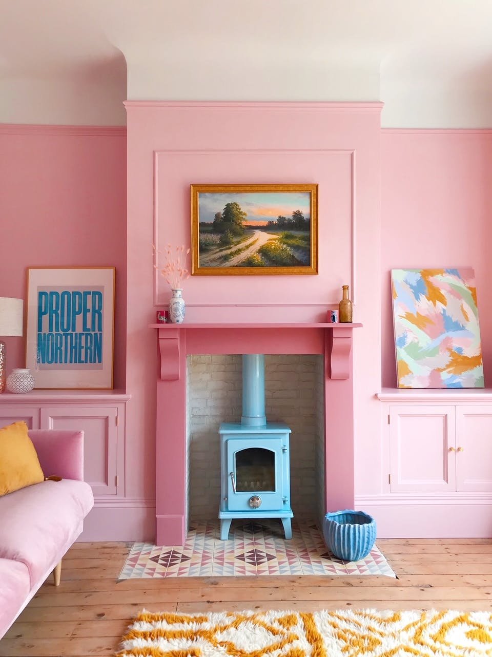 colourful, colour inspiration, interior, blog post, pink and blue fireplace, landscape art, wonderful landscape art, gorgeous textured rugs,  textured rugs, Pink tiles,    