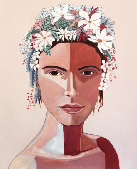 contemporary art,  architectural, pattern, portrait, paintings, powerful women, beautiful earth tones, blue checks, floral hair piece, leaf art, tree painting, tree, 