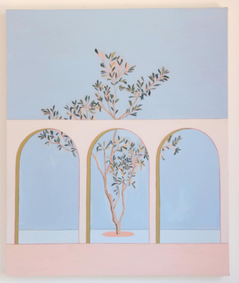   contemporary art,  architectural, pattern, portrait, paintings, powerful women, beautiful earth tones, blue checks, floral hair piece, leaf art, tree painting, tree, 