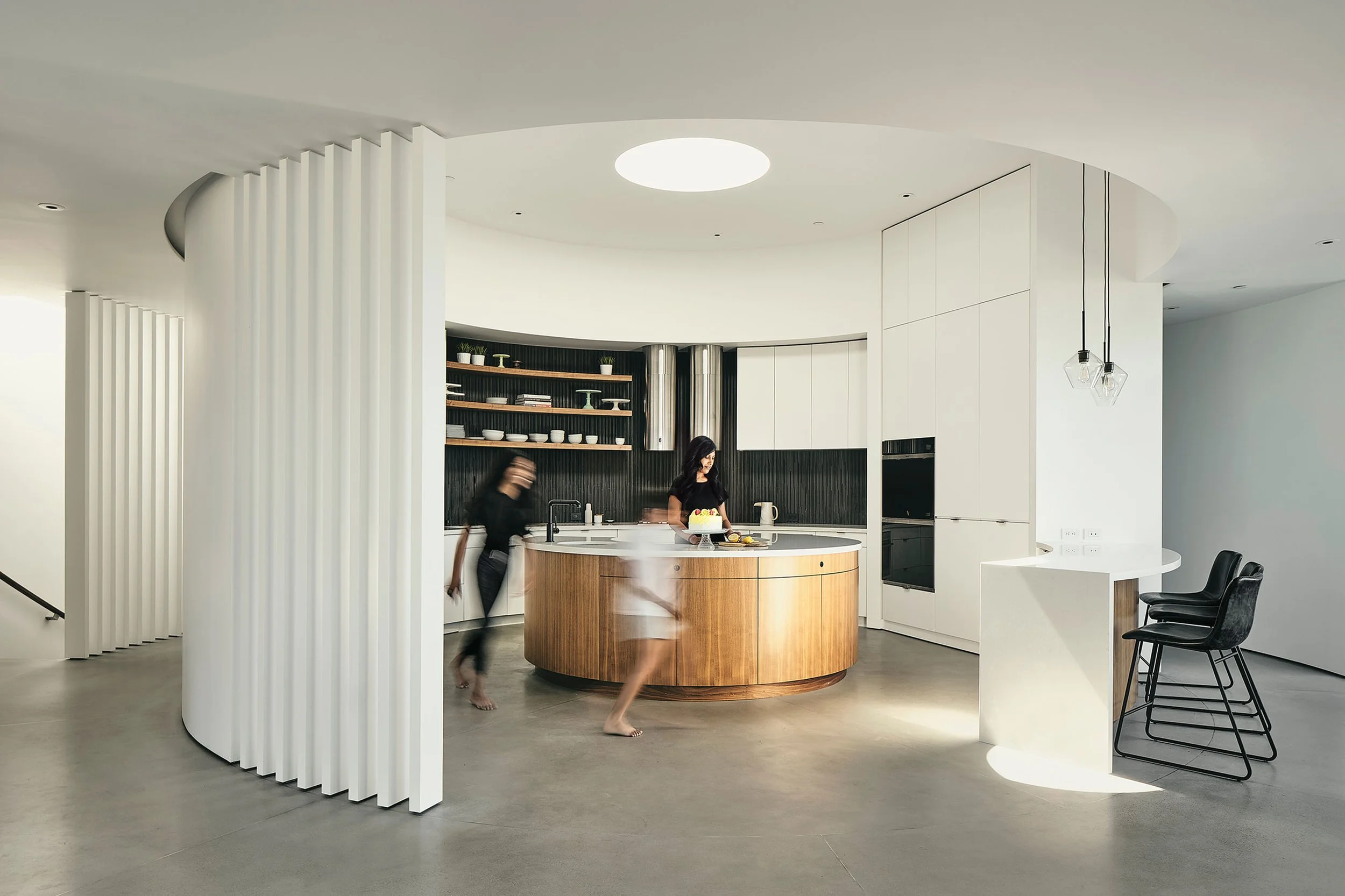 1960s architecture, 1960s house, large kitchen, circular kitchen, kitchen, centre-of-the-house kitchen, kitchen inspiration, central kitchen, architectural, architecture, curves, light, windows 