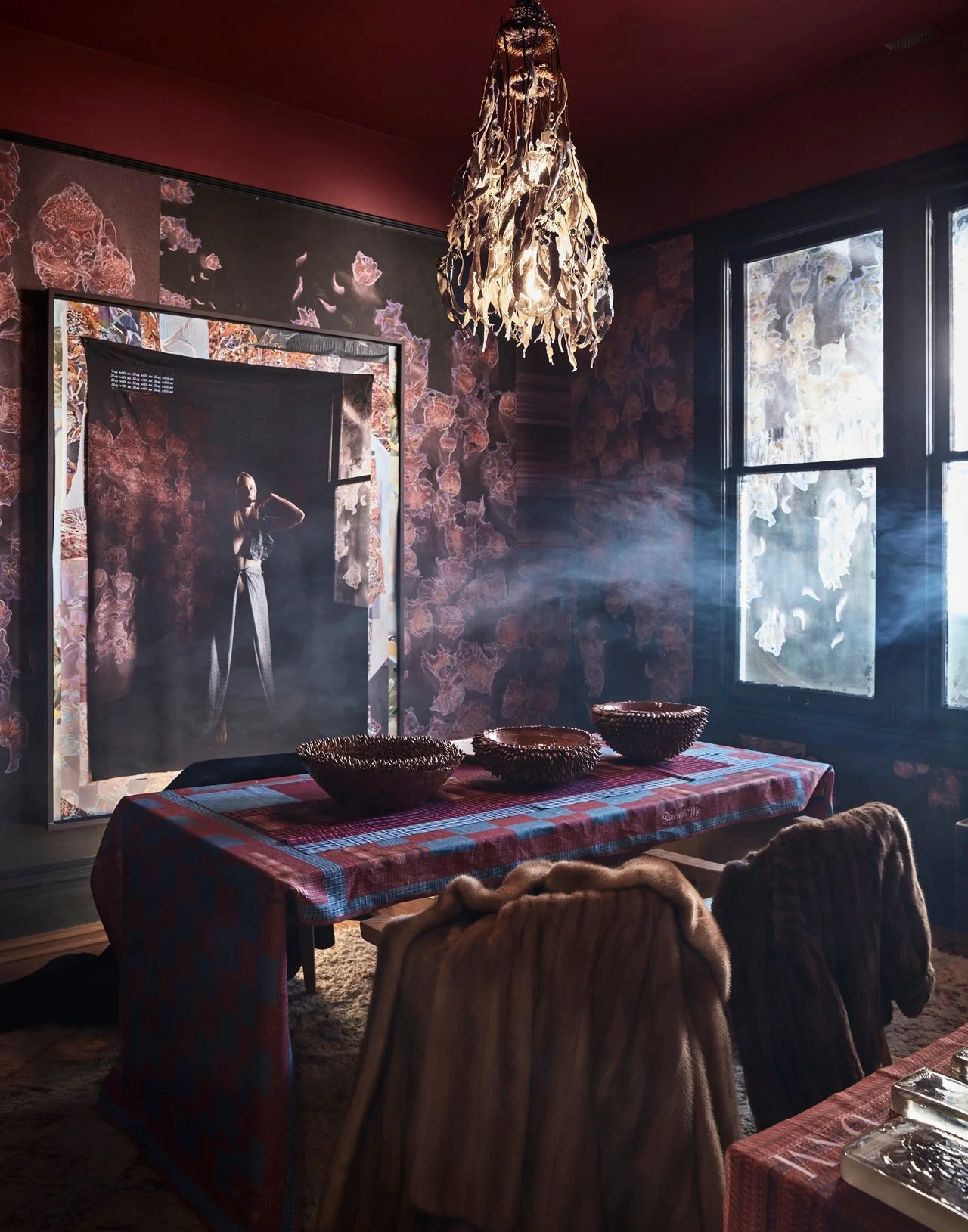   Danielle Mourning , Gallery, museum, residence, space, San Francisco, artist, art, ever changing space, viewable, public, over-the-top design, interior ideas, ideas, inspiration, Broken mirrors, artistic, Layers of photos, images, wallpaper, Tassel